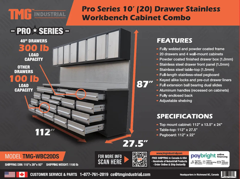 TMG Industrial Pro Series 10-FT 20 Drawer Stainless Steel Workbench Cabinet Combo, Stainless Steel Tabletop, Pegboard and Drawer Fronts, 20 Lockable Drawers, Wall-Mounted Cabinets, Adjustable Shelving, Fully All-in-one Welded Frame, TMG-WBC20DS
