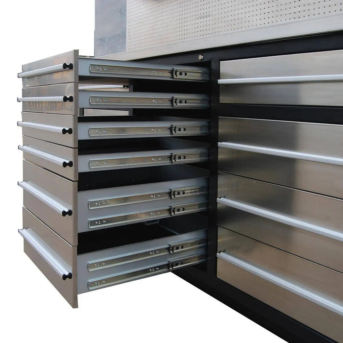 TMG Industrial Pro Series 10-FT 20 Drawer Stainless Steel Workbench Cabinet Combo, Stainless Steel Tabletop, Pegboard and Drawer Fronts, 20 Lockable Drawers, Wall-Mounted Cabinets, Adjustable Shelving, Fully All-in-one Welded Frame, TMG-WBC20DS