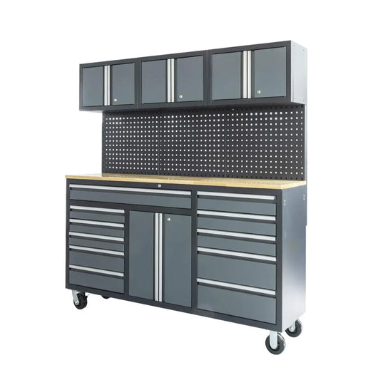 TMG Industrial Pro Series 72” 11-Drawer Workstation Cabinet Combo with Pegboard, 1” Wood Benchtop, TMG-WBC73