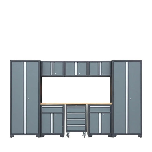 TMG Industrial Pro Series 9-Piece Garage Storage Cabinet Combo Set w/Rolling Cabinet, Rubber Wood Tabletop, Recessed Aluminum Handles, TMG-GCC09B