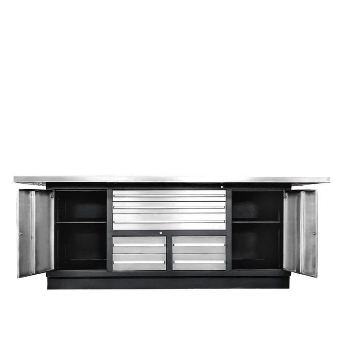 TMG Industrial Pro Series Stainless-Steel Extra-Large 85” x 45” Platform Workbench, 7 Lockable Drawers, 2 Storage Cabinets, All-in-One Welded Frame, TMG-WB708S (Previously TMG-WB85XS)