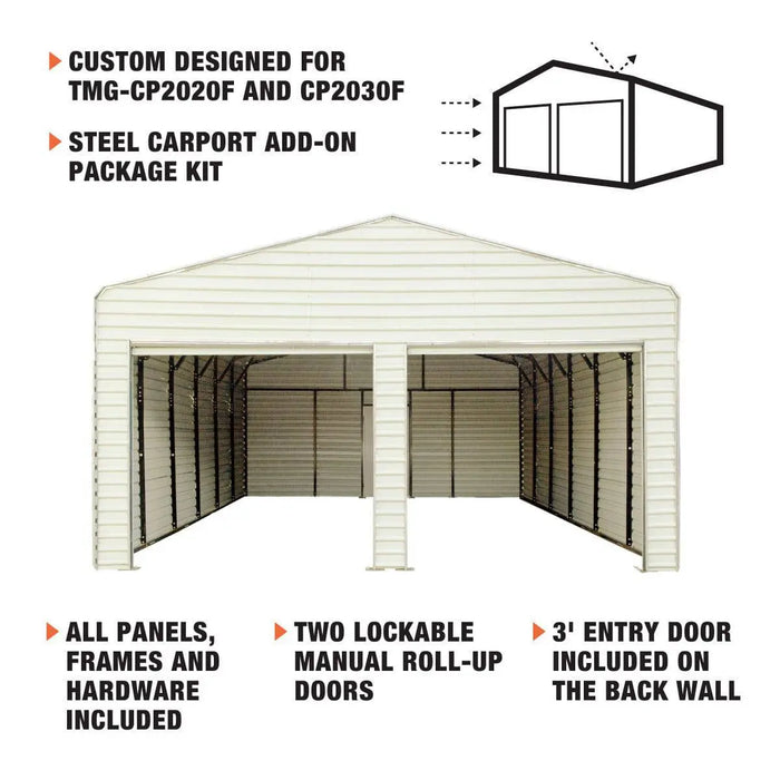 TMG Industrial Steel Carport Add-On Package Kit, Front Wall w/Roll Up Doors & Back Wall, TMG-CP2000-RD110 (Not available for online purchase)