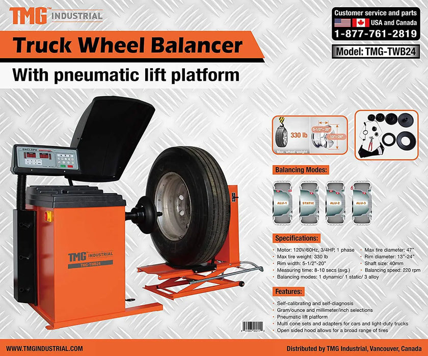 TMG Industrial Truck Wheel Balancer, Self-Calibrating, Air Powered Lift, 13”-24” Rim, Computerized, 220 RPM, +/- 1 g of Accuracy, TMG-TWB24