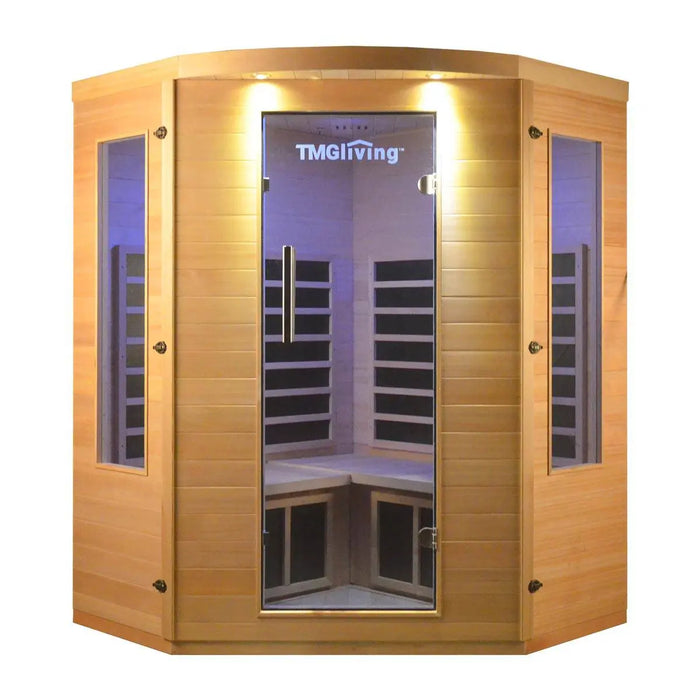 TMG LIVING 3 Person Corner Indoor FAR Infrared Sauna Room, Natural Canadian Hemlock, Bluetooth Speakers, Tempered Glass Door, TMG-LSN40
