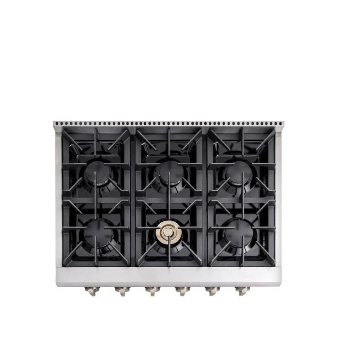 TMG Living Kitchen 36” Gas Range Cooktop, 6 Burners, 15000-18000 BTU w/680 BTU Simmer, LPG/NG Fuel, Blue LED Lights, TMG-HRG36T