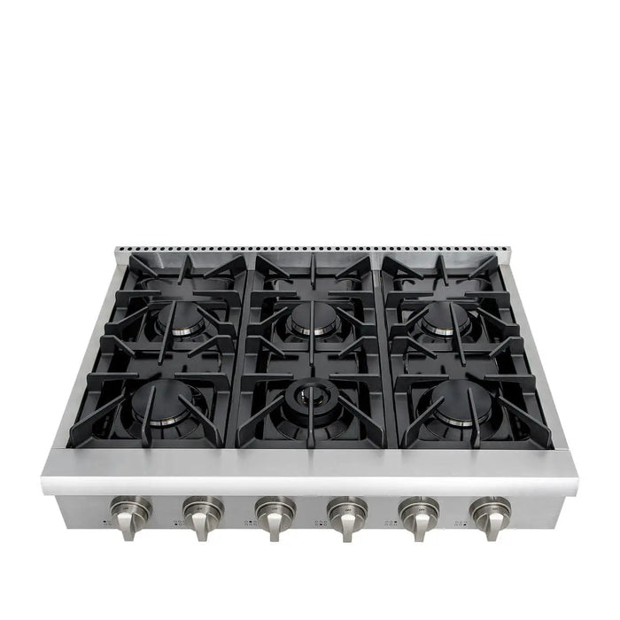 TMG Living Kitchen 36” Gas Range Cooktop, 6 Burners, 15000-18000 BTU w/680 BTU Simmer, LPG/NG Fuel, Blue LED Lights, TMG-HRG36T