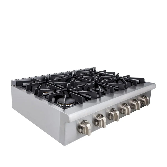 TMG Living Kitchen 36” Gas Range Cooktop, 6 Burners, 15000-18000 BTU w/680 BTU Simmer, LPG/NG Fuel, Blue LED Lights, TMG-HRG36T