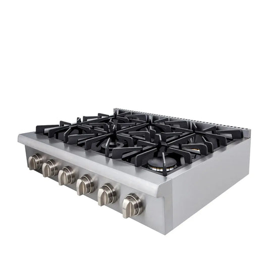 TMG Living Kitchen 36” Gas Range Cooktop, 6 Burners, 15000-18000 BTU w/680 BTU Simmer, LPG/NG Fuel, Blue LED Lights, TMG-HRG36T