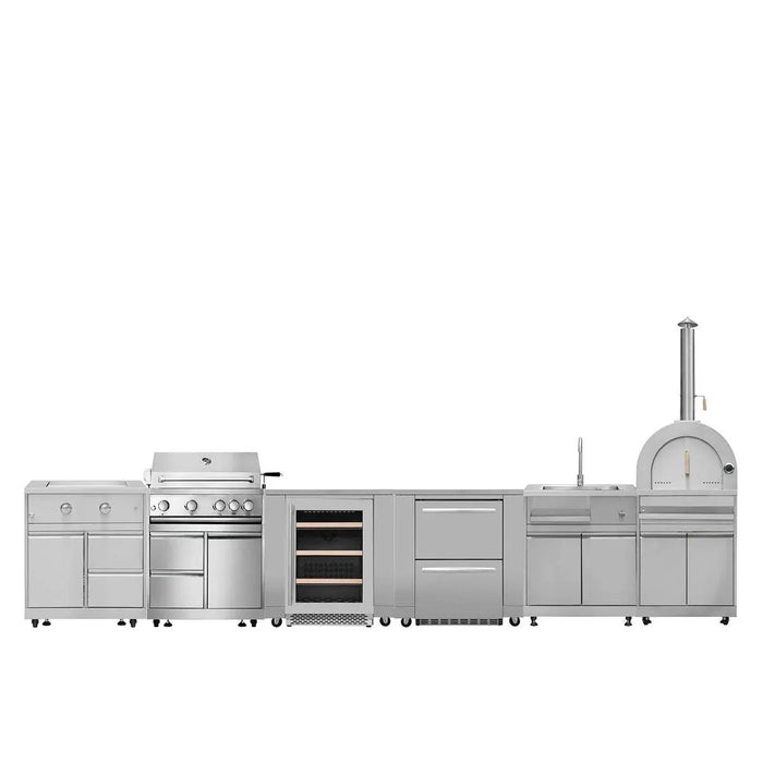 TMG Living Kitchen Pro Series 7-Piece Stainless Steel Modular Outdoor Kitchen Suite Set, 35” Refrigerator Cabinet, 32” BBQ, 4-Burner Gas Grill, Sink, Side Burner, Corner Cabinet, Pizza Oven, TMG-LKS12