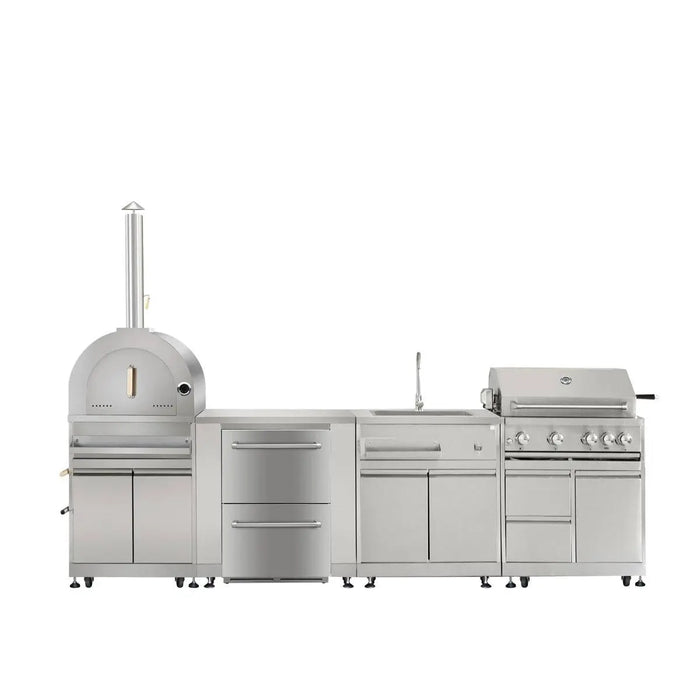 TMG Living Kitchen Pro Series 7-Piece Stainless Steel Modular Outdoor Kitchen Suite Set, 35” Refrigerator Cabinet, 32” BBQ, 4-Burner Gas Grill, Sink, Side Burner, Corner Cabinet, Pizza Oven, TMG-LKS12