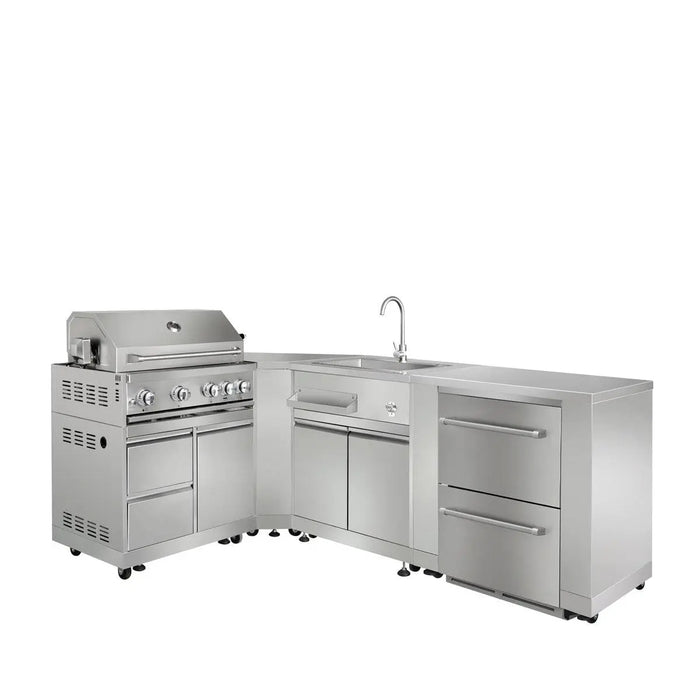 TMG Living Kitchen Pro Series 7-Piece Stainless Steel Modular Outdoor Kitchen Suite Set, 35” Refrigerator Cabinet, 32” BBQ, 4-Burner Gas Grill, Sink, Side Burner, Corner Cabinet, Pizza Oven, TMG-LKS12