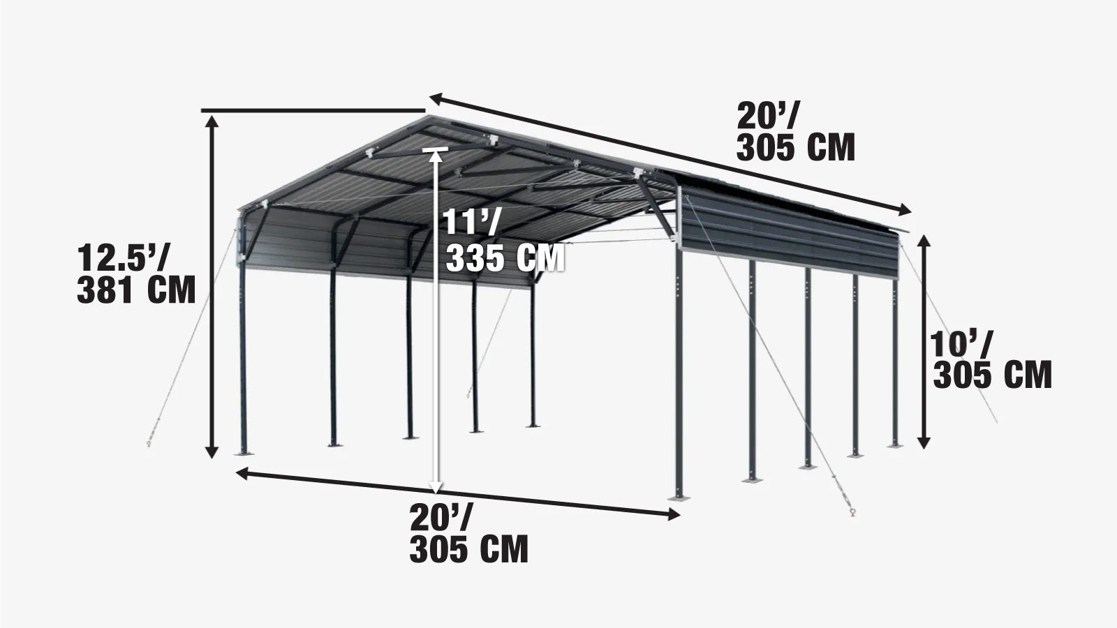 6 × 6 m Metal Shed Carport with 2.9 m Enclosed Sidewalls, 3.8 m Peak Height, TMG-MSC2020F-specifications-image