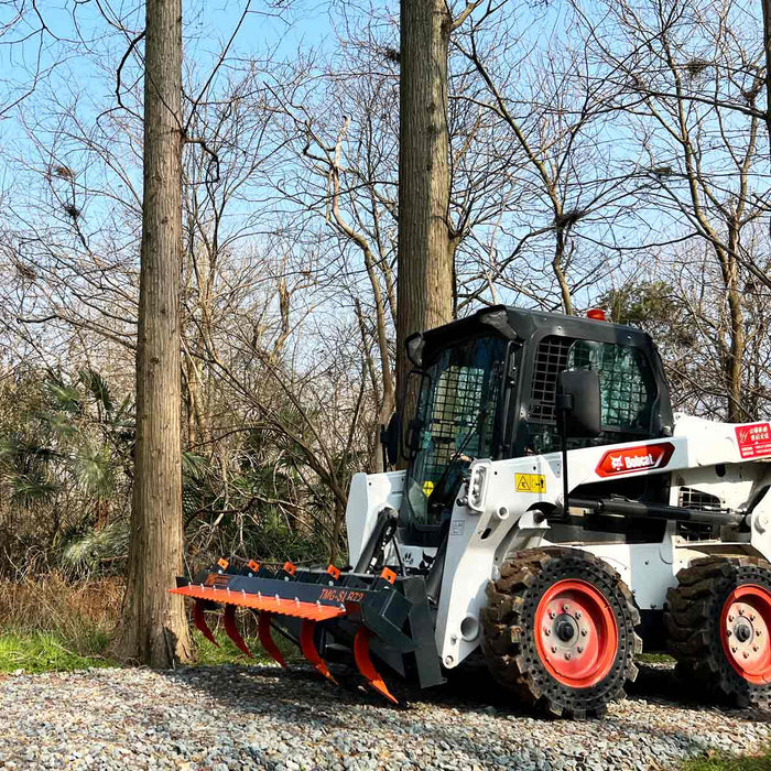 TMG Industrial 72” Skid Steer Land Ripper w/Rake Comb, Scarifier, Dethatcher, Forward & Reverse, Depth Adjustable Ripping Teeth, TMG-SLR72