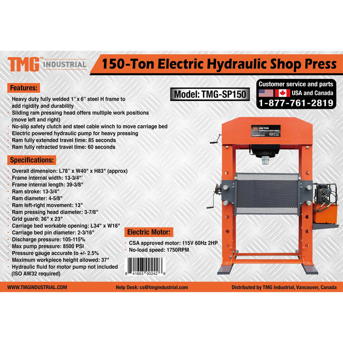 150 Ton Capacity Hydraulic Shop Press, Heavy Duty Pressing, Protective Grid Guard, Fully Welded H-Frame, TMG-SP150