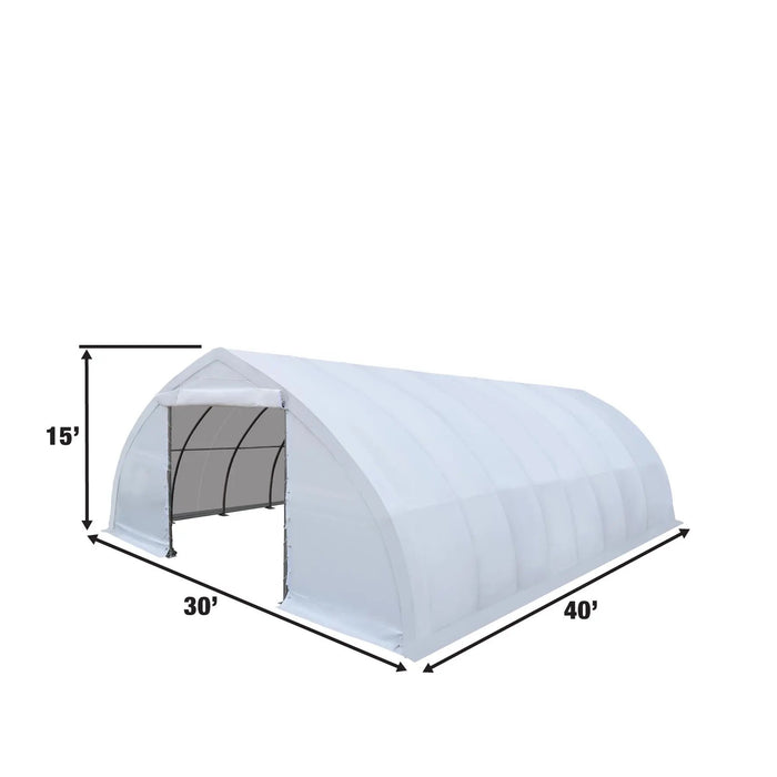TMG Industrial 30' x 40' Peak Ceiling Storage Shelter with Heavy Duty 17 oz PVC Cover & Drive Through Doors, TMG-ST3040V