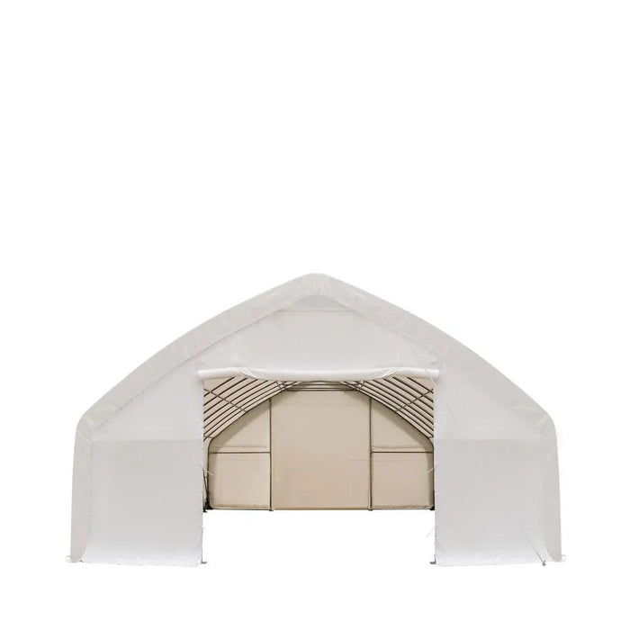 TMG Industrial 30' x 50' Straight Wall Peak Ceiling Storage Shelter with Heavy Duty 17 oz PVC Cover & Drive Through Doors, TMG-ST3050V