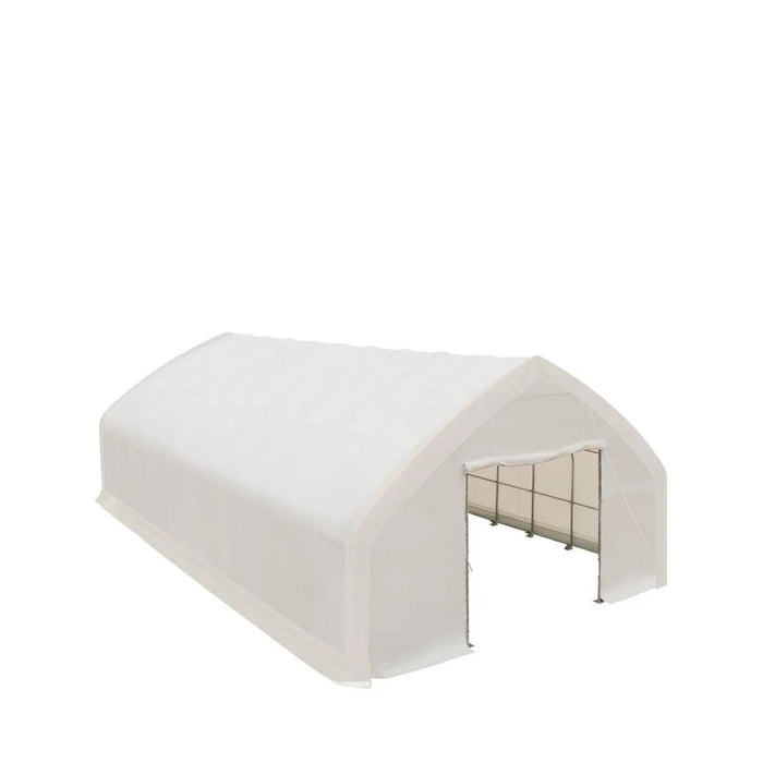 TMG Industrial 30' x 50' Straight Wall Peak Ceiling Storage Shelter with Heavy Duty 17 oz PVC Cover & Drive Through Doors, TMG-ST3050V