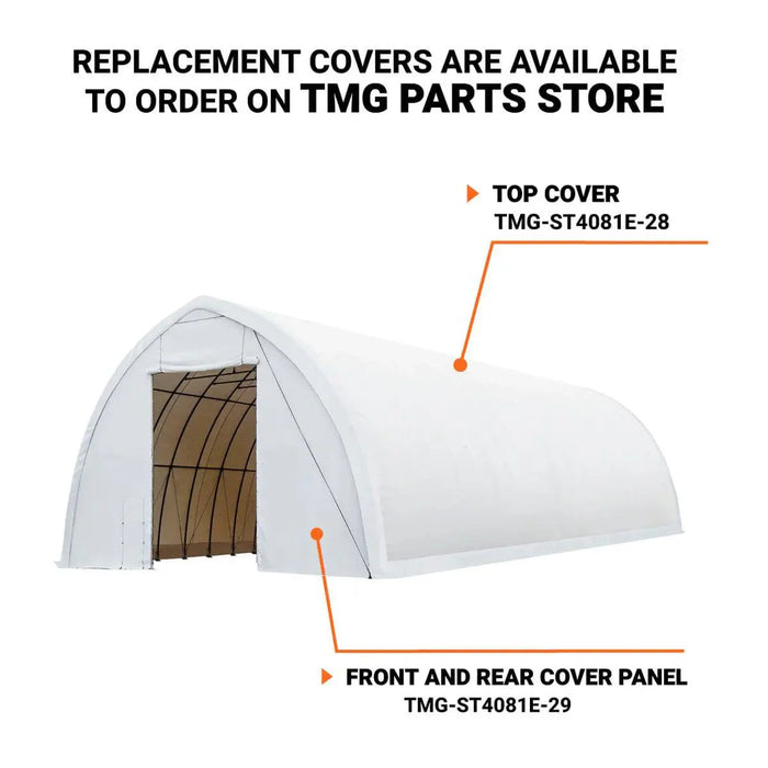 TMG-ST4081E 40' x 80' Peak Ceiling Storage Shelter, Single Truss, 11oz PE Cover, 13' W x 16' H Wide Open Door on Two End Walls (Discontinued)
