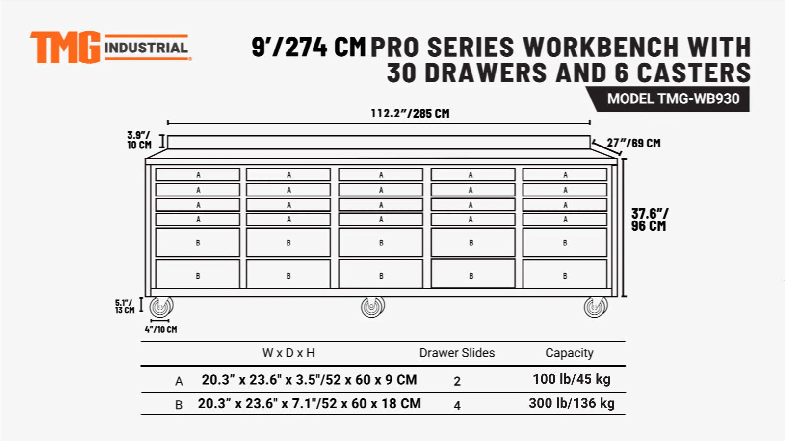 2.8m Workbench with Stainless Steel Benchtop and 30 Drawers, TMG-WB930-specifications-image