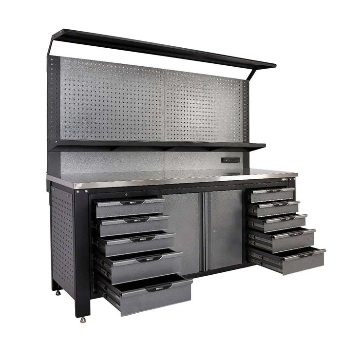 TMG Industrial 7’ Extreme Duty Steel Garage Workbench w/Pegboards, Adjustable Shelving, Power Outlets, USB Port, Magnetic Motion LED Lamps, TMG-WBC07-W