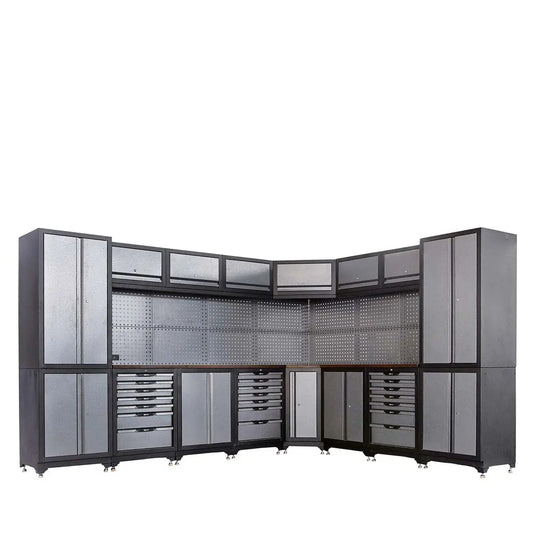 TMG Industrial Extreme-Duty Steel Garage Corner (11’ + 8.5’) Tool Chest w/Pegboard, Power Outlets, USB Port, Magnetic Motion LED Lamps, TMG-WBM15