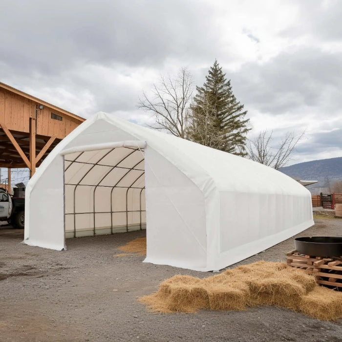 TMG Industrial 30' x 70' Straight Wall Peak Ceiling Storage Shelter with Heavy Duty 17 oz PVC Cover & Drive Through Doors, TMG-ST3070V