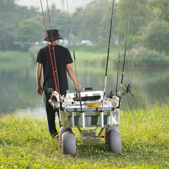 VEVOR Beach Fishing Cart, 500 lbs Load Capacity, Fish and Marine Cart with Four 13" Big Wheels PU Balloon Tires for Sand, Heavy-Duty Aluminum Pier Wagon Trolley with 6 Rod Holders for Fishing, Picnic, DOBA-MC500