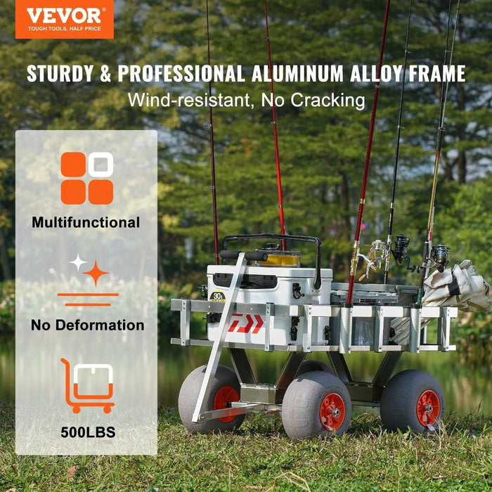 VEVOR Beach Fishing Cart, 500 lbs Load Capacity, Fish and Marine Cart with Four 13" Big Wheels PU Balloon Tires for Sand, Heavy-Duty Aluminum Pier Wagon Trolley with 6 Rod Holders for Fishing, Picnic, DOBA-MC500