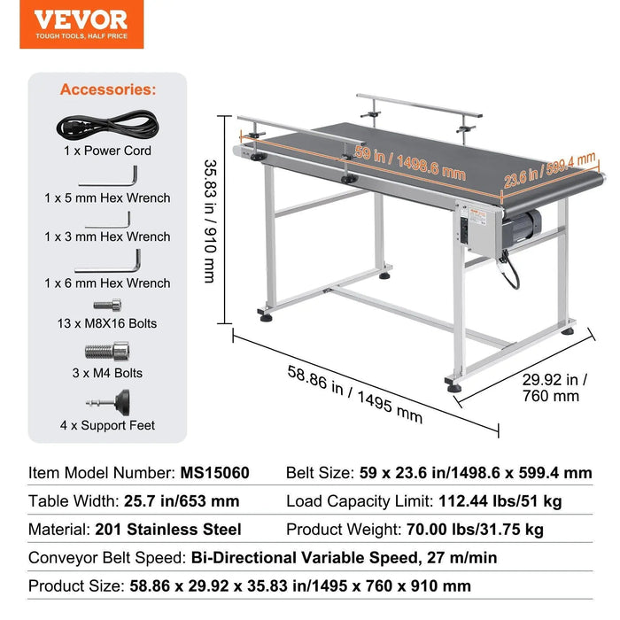 VEVOR Belt Conveyor, 59 x 23.6 inch Conveyor Table, Heavy Duty Stainless Steel Motorized Belt Conveyor for Inkjet Coding Applications Powered PVC Belt Anti-Static Adjustable Speed (Double Guardrail), DOBA-CB59