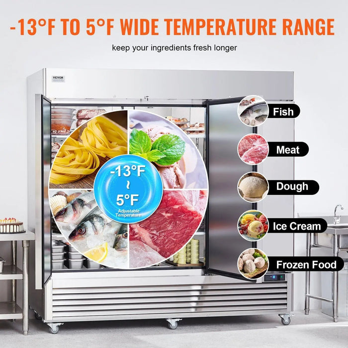 VEVOR Commercial Freezer 60.42 Cu.ft, Reach In 82.5" W Upright Freezer 3 Doors, Auto-Defrost Stainless Steel Reach-in Freezer with 12 Adjustable Shelves, -13 to 5°F Temp Control, 4 Wheels, DOBA-FZ60