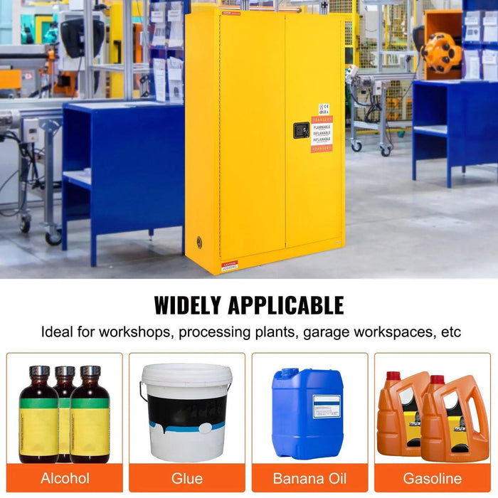 VEVOR Flammable Safety Cabinet, 45 Gal, Cold-Rolled Steel Flammable Liquid Storage Cabinet, 42.9 x 18.1 x 65.2 in Explosion Proof with 2 Adjustable Shelves 2 Manual Doors for Industrial Use, Yellow, DOBA-CF45