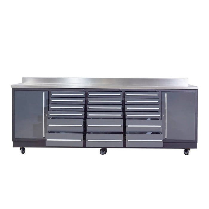 Pro Series 9-Ft 18-Drawer Workbench with Stainless Steel Top, Ball Bearing Double Slides & Casters, TMG-WB918