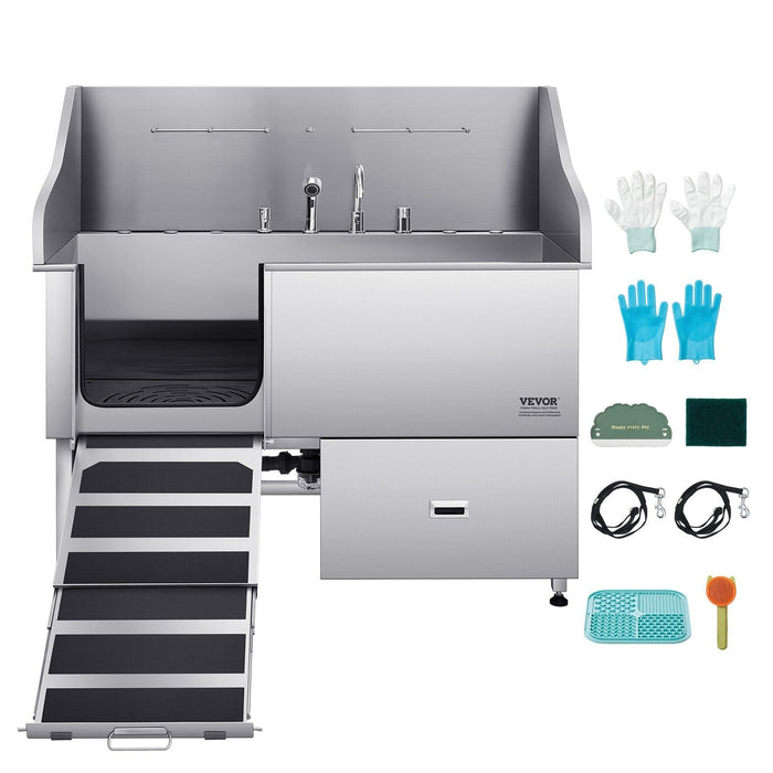 61" Stainless Steel Dog Grooming Bath Tub, Built-in Ramp & Water Filter, Left-Side Faucet Setup, DOBA-DT61L
