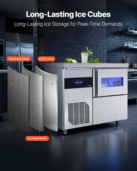132 lbs/24H Commercial Ice Maker, Stainless Steel with Worktop, 30 lbs Storage & 70 Cubes per Cycle, Self-Cleaning Freestanding Design, DOBA-IM132