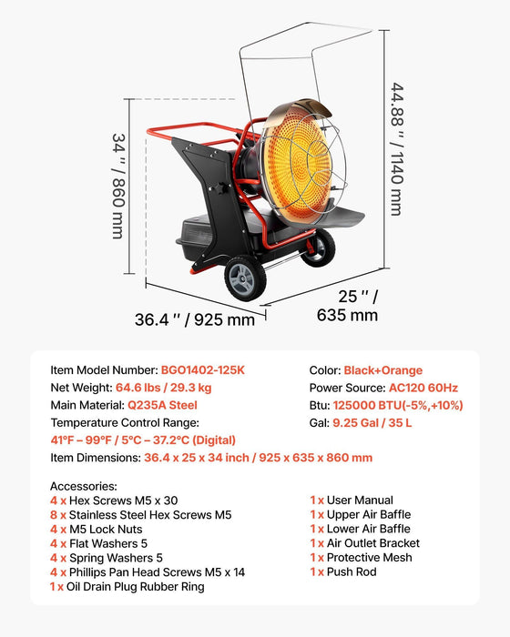 125,000 BTU Radiant Kerosene/Diesel Heater, Portable Industrial Space Heater with Adjustable Temperature & Wheels, DOBA-RH125