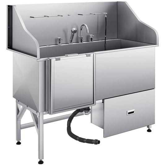 61" Stainless Steel Dog Grooming Bath Tub, Built-in Ramp & Water Filter, Left-Side Faucet Setup, DOBA-DT61L