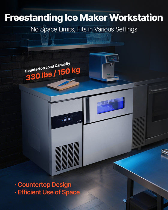 265 lbs/24H Commercial Ice Maker, Stainless Steel with Worktop, 66 lbs Storage & 126 Cubes per Cycle, Self-Cleaning Freestanding Design, DOBA-IM265