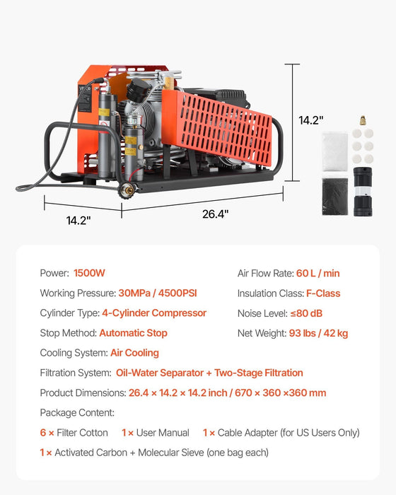 4500 PSI (30 MPa) PCP Air Compressor, 60 L/min Four-Cylinder, Auto Stop with Fan Cooling System, for Scuba Tanks & Paintball, DOBA-PCP4500