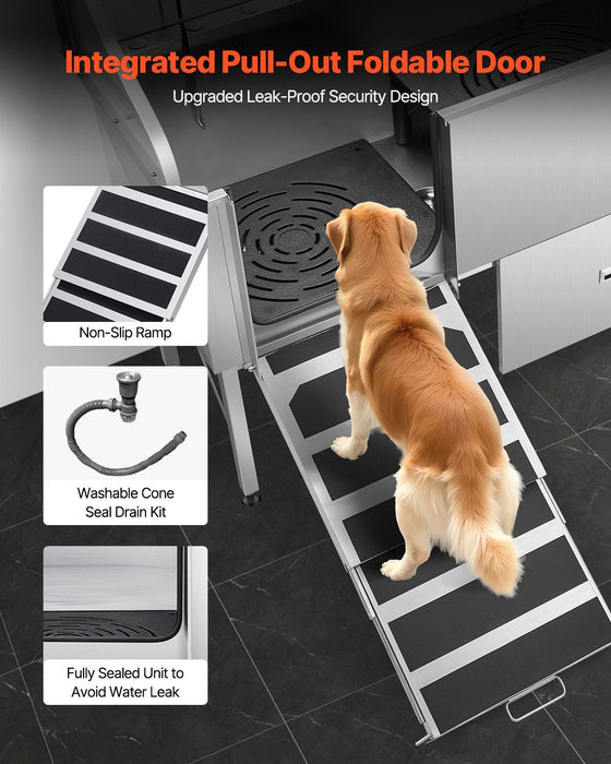 61" Stainless Steel Dog Grooming Bath Tub, Built-in Ramp & Water Filter, Left-Side Faucet Setup, DOBA-DT61L