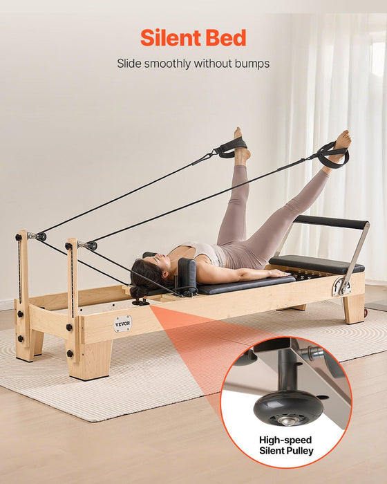Wooden Pilates Reformer Machine, Dual Resistance Spring & Cord System, Includes Sitting Box, Supports Up to 400 lbs, DOBA-PR400