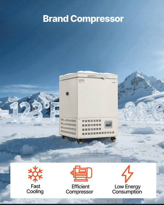 58L Ultra Low Temperature Freezer, −40°F to −123°F Adjustable Range, 304 Stainless Steel Liner, Digital Display with Rollers, DOBA-LF58