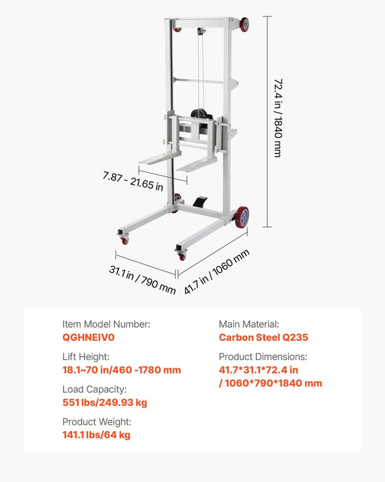 551 lbs Material Lift Winch Stacker, 70" Max Lift Height, Manual Pallet Truck Dolly with Wheels & Adjustable Forks, DOBA-WLT551