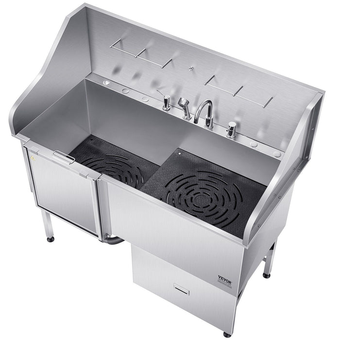 61" Stainless Steel Dog Grooming Bath Tub, Built-in Ramp & Water Filter, Left-Side Faucet Setup, DOBA-DT61L