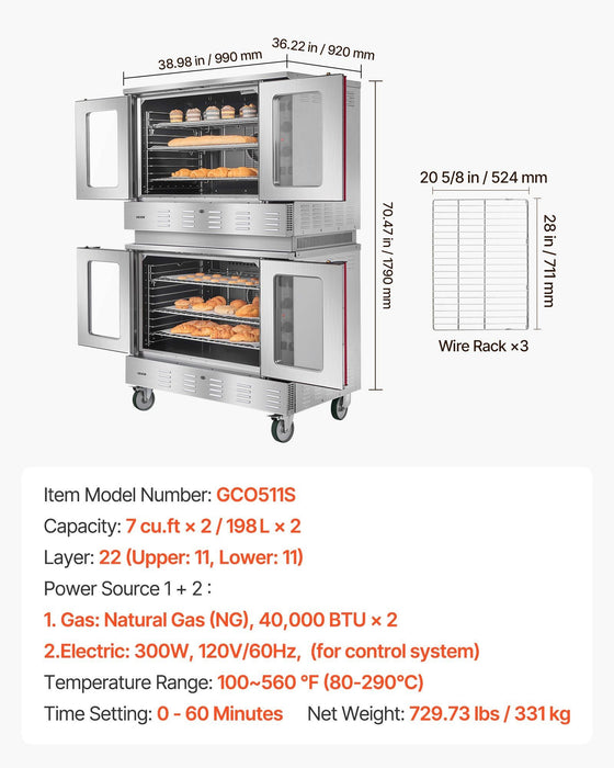Double Deck Gas Convection Oven, 14 cu.ft Full-Size Capacity, 40,000 BTU x2 Burners, Dual Fan Modes for Bakery & Restaurant Use, DOBA-GO14
