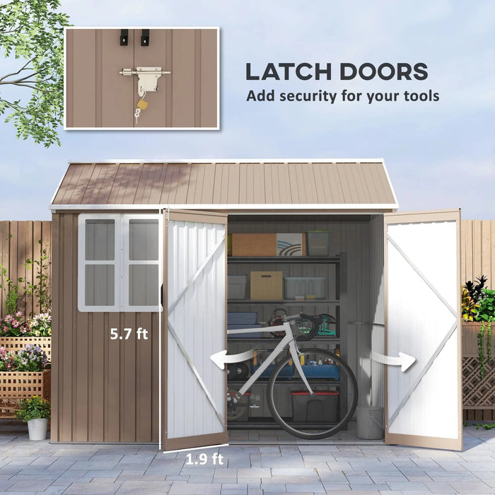 8' x 6' Metal Garden Storage Shed, Extra Large Tool Storage, Doors, Window, and Air Vents, Brown, DOBA-MS86