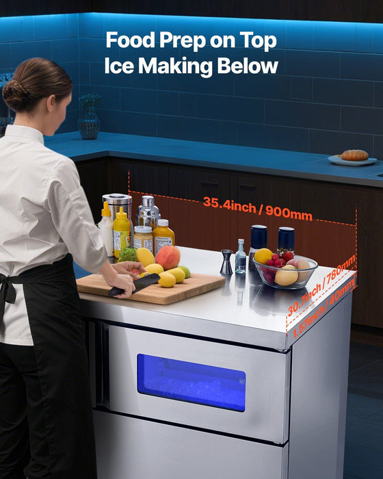 220 lbs/24H Commercial Ice Maker, Stainless Steel with Worktop, 66 lbs Storage & 108 Cubes per Cycle, Self-Cleaning Freestanding Design, DOBA-IM220