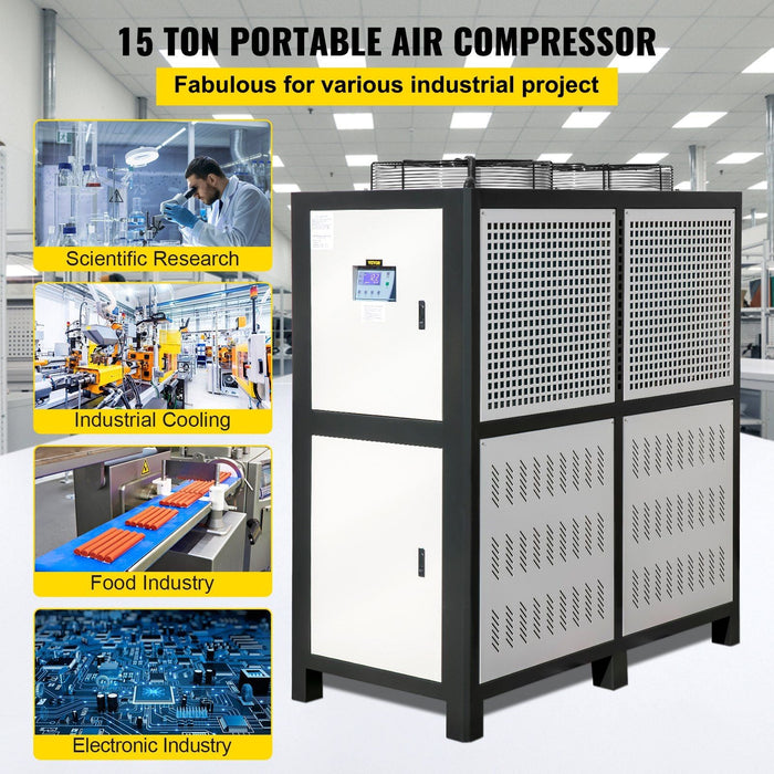 15 Ton Industrial Water Chiller, 15HP Air-Cooled System, Finned Condenser with Micro-Computer Control, Stainless Steel Water Tank, DOBA-WC15