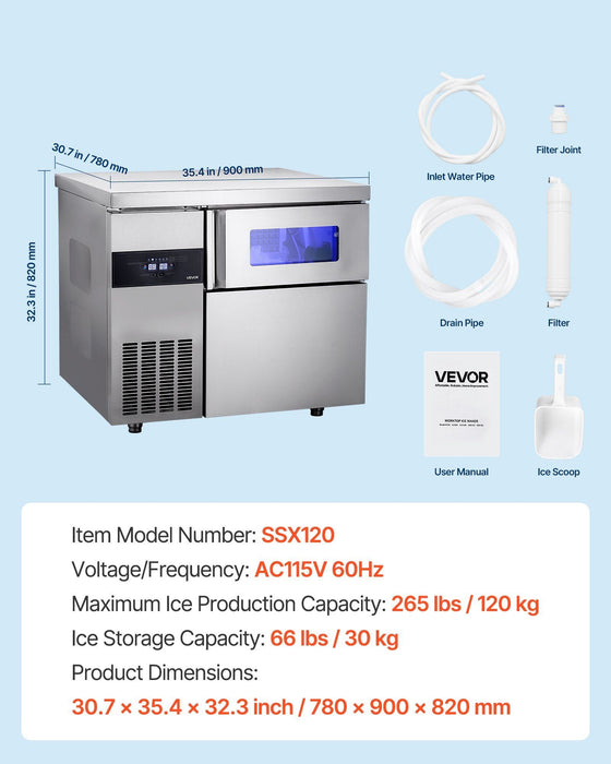 265 lbs/24H Commercial Ice Maker, Stainless Steel with Worktop, 66 lbs Storage & 126 Cubes per Cycle, Self-Cleaning Freestanding Design, DOBA-IM265
