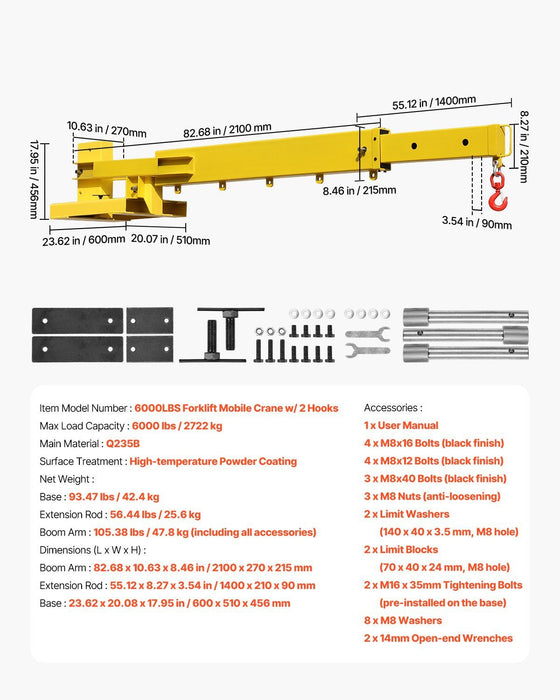 6000 lbs Adjustable Forklift Jib Boom Crane, Mobile Forklift Crane with 2 Hooks, Heavy-Duty Lifting Attachment, DOBA-FJ6000
