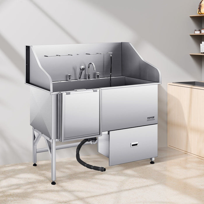 61" Stainless Steel Dog Grooming Bath Tub, Built-in Ramp & Water Filter, Left-Side Faucet Setup, DOBA-DT61L